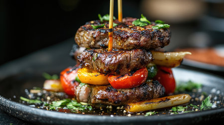 A close-up of a delicious kebab sandwich with a perfect combination of grilled meat and vegetables, isolated on a rustic table.の素材