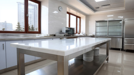 Professional kitchen island table with spotless surface and storage below, reflecting cleanliness standardsの素材