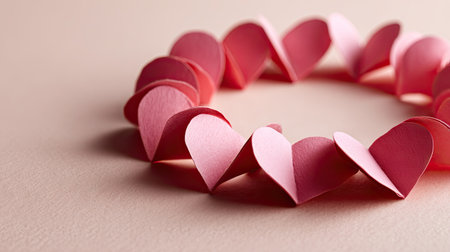 Pink paper hearts forming a perfect circle on a pale cream background, representing unity and affectionの素材
