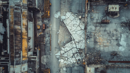 A bird's-eye view of cracked asphalt in an industrial area, showing patterns formed by wear and tear.の素材