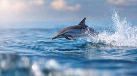 Playful striped dolphin launching out of the ocean on a sunny day, splashes frozen in timeの素材