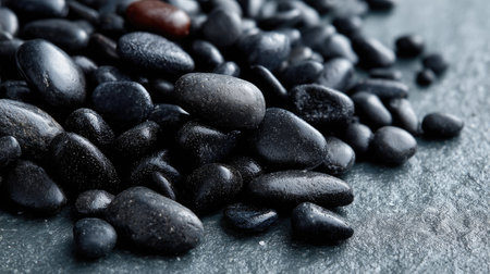 Pebble-sized black stones scattered organically across smooth stone backdropの素材