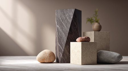Product display stone pedestal with sharp angles and modern textures on muted backgroundの素材