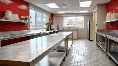 Professional kitchen setup with empty prep tables, clean surfaces, and a sanitary working environmentの素材