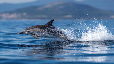 Playful striped dolphin making a splash as it jumps out of the ocean on a bright summer dayの素材