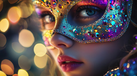 A close-up of a girl with a colorful carnival mask, her face illuminated by sparkling lights, adding to the carnival spirit.の素材