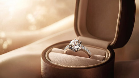 A close-up of a diamond ring in an elegant jewelry box, with the ring's brilliance shining through the open lid, set against a soft, neutral background.の素材