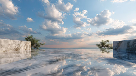Polished marble surface with sky and clouds mirrored faintly, creating a peaceful, dreamlike outdoor settingの素材
