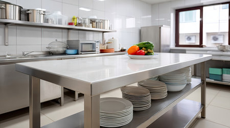 Professional kitchen island table with spotless surface and storage below, reflecting cleanliness standardsの素材