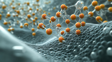 A D rendering of water molecules clustering together in a floating microscopic environment.の素材