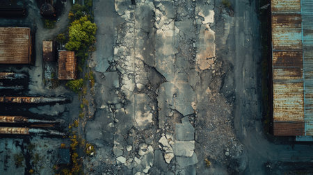 A bird's-eye view of cracked asphalt in an industrial area, showing patterns formed by wear and tear.の素材