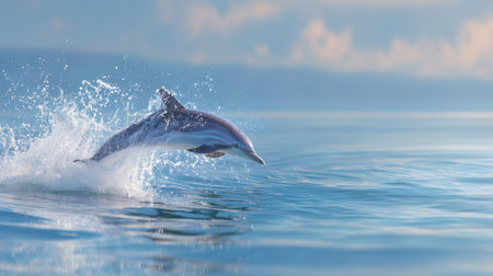 Playful striped dolphin launching out of the ocean on a sunny day, splashes frozen in timeの素材
