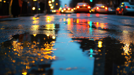 A bustling urban street at night, with puddles of water reflecting headlights and traffic lights.の素材