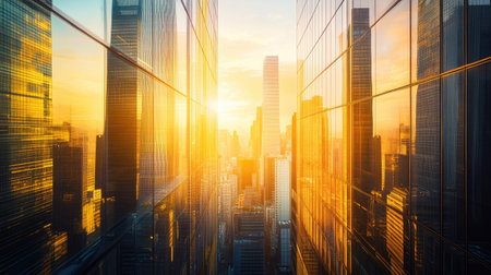 A cityscape dominated by futuristic skyscrapers with glass walls reflecting golden sunlight.の素材