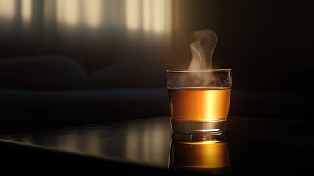 A beautifully lit glass of tea on a dark glossy surface, with steam rising gently in a relaxed, tranquil atmosphere.の素材