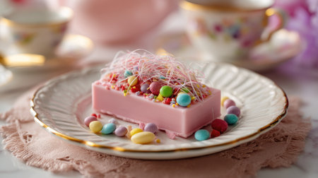 Pink chocolate bar topped with angel hair strands and multicolored candy, styled on a vintage plate with a soft blurの素材