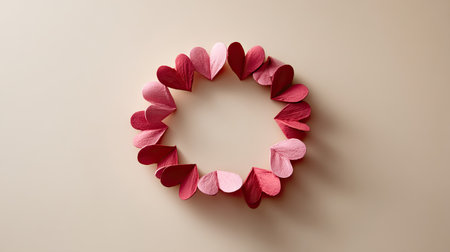 Pink paper hearts forming a perfect circle on a pale cream background, representing unity and affectionの素材