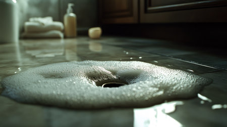 A bathroom floor drain with a slow-draining puddle of soapy water around it, showing a possible clog.の素材