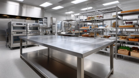 Polished stainless steel island table in a professional kitchen surrounded by industrial ovens and shelvesの素材