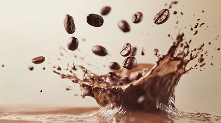 A beautiful coffee splash with beans suspended in mid-air, isolated against a smooth, neutral background.の素材