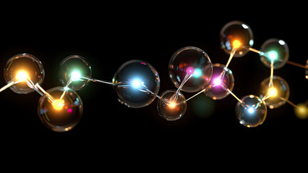 A D-rendered molecular chain with transparent spheres connected by thin glowing lines.の素材