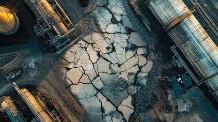 A bird's-eye view of cracked asphalt in an industrial area, showing patterns formed by wear and tear.の素材
