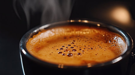 A close-up of a dark roast coffee in a delicate cup, with steam rising gracefully against the black background.の素材