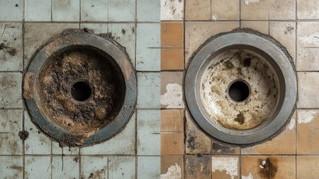 A before-and-after comparison of a dirty and clean bathroom floor drain, showing the impact of maintenance.の素材
