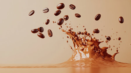 A beautiful coffee splash with beans suspended in mid-air, isolated against a smooth, neutral background.の素材