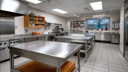 Professional kitchen setup with empty prep tables, clean surfaces, and a sanitary working environmentの素材