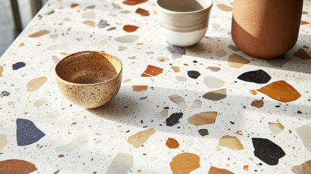A chic, terrazzo-inspired print with scattered stone textures in warm earthy tones.の素材