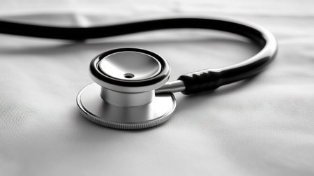 A close-up of a single medical stethoscope lying on a white table, its tubing neatly coiled and chest piece reflecting light.の素材