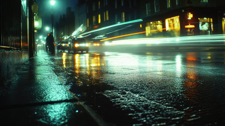 A blurred shot of a wet street illuminated by car headlights, creating long light streaks in the night.の素材