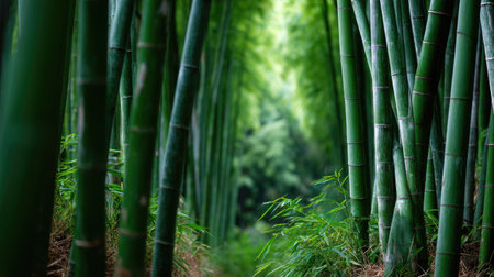 Quiet forest scene of endless green bamboo, natural symmetry creating a peaceful, immersive backgroundの素材