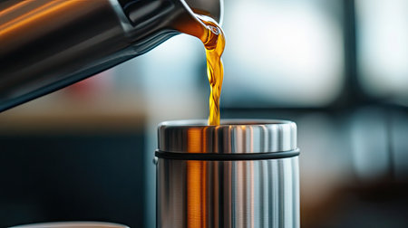 A close-up of a stainless steel thermos with a cup beside it, showing hot liquid being poured.の素材