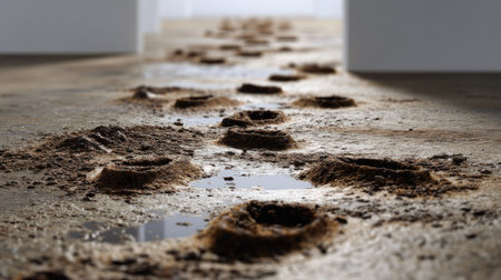 Randomly spaced muddy footprints across a light floor, each with visible detail in the treadの素材