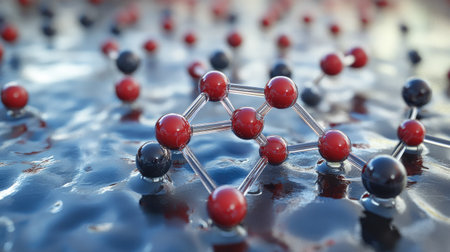 A D rendering of water molecules clustering together in a floating microscopic environment.の素材