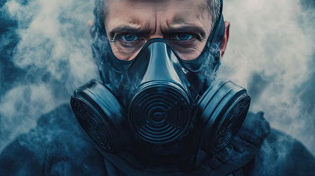 A close-up of a man in a gas mask, the background of smoke and toxic haze creating a futuristic, intense atmosphere.の素材