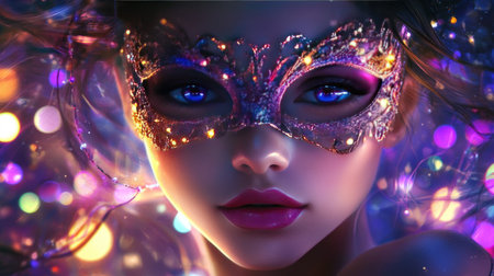A beautiful girl with a delicate carnival mask on, surrounded by colorful lights and a festive mood.の素材