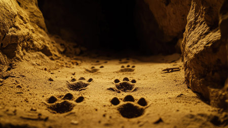 A cat's tiny paw prints marking a sandy pathway leading toward a hidden burrow.の素材