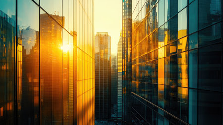 A cityscape dominated by futuristic skyscrapers with glass walls reflecting golden sunlight.の素材