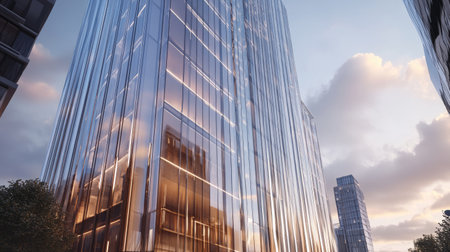 A close-up of a modern skyscraper's glass facade, showcasing intricate reflections of the sky.の素材