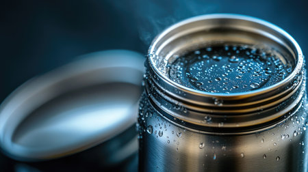 A close-up of a stainless steel thermos with a lid off, showing condensation and the warm contents inside.の素材