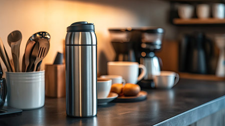A close-up of a stainless steel thermos on a kitchen counter, surrounded by mugs and a fresh pot of coffee.の素材