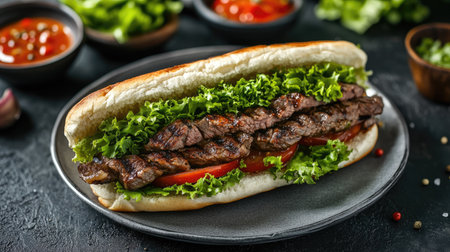 A classic kebab sandwich with grilled beef and crispy lettuce, topped with a tangy sauce, isolated on a clean plate.の素材