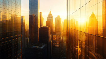 A cityscape dominated by futuristic skyscrapers with glass walls reflecting golden sunlight.の素材