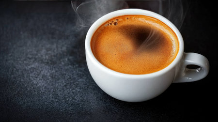 A close-up of a dark roast coffee in a delicate cup, with steam rising gracefully against the black background.の素材