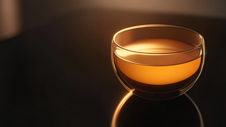 A close-up of a glass cup filled with warm tea, glowing softly against a sleek black reflective surface.の素材