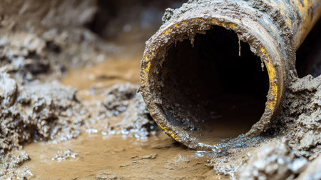 A close-up of an open sewer pipe beneath a bathroom floor drain, showing grime and buildup inside.の素材