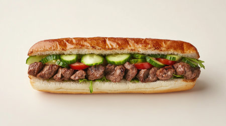 A close-up of a kebab sandwich filled with tender meat, fresh cucumbers, tomatoes, and onions, isolated on a plain background.の素材